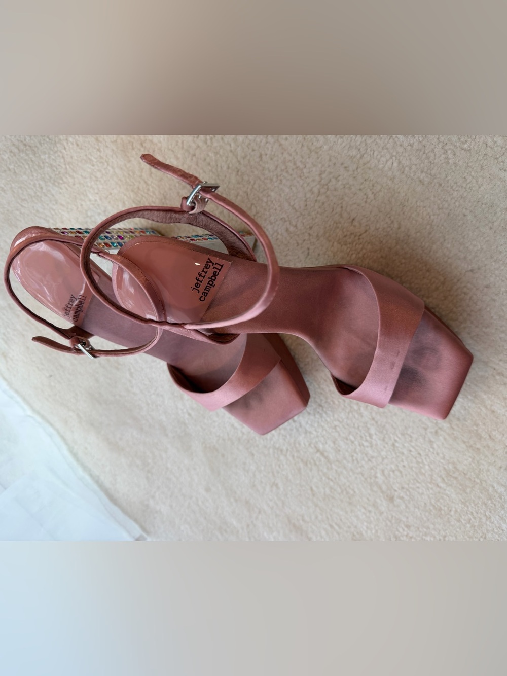 Jeffrey Campbell Pink Satin Multicolor Rhinestone Platform Wedge Heel Sandals - Picture 12 of 13